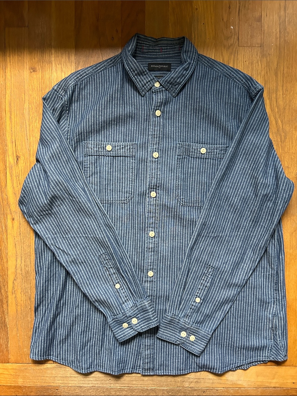 Banana Republic Men's Navy and White Striped Button-Down Shirt